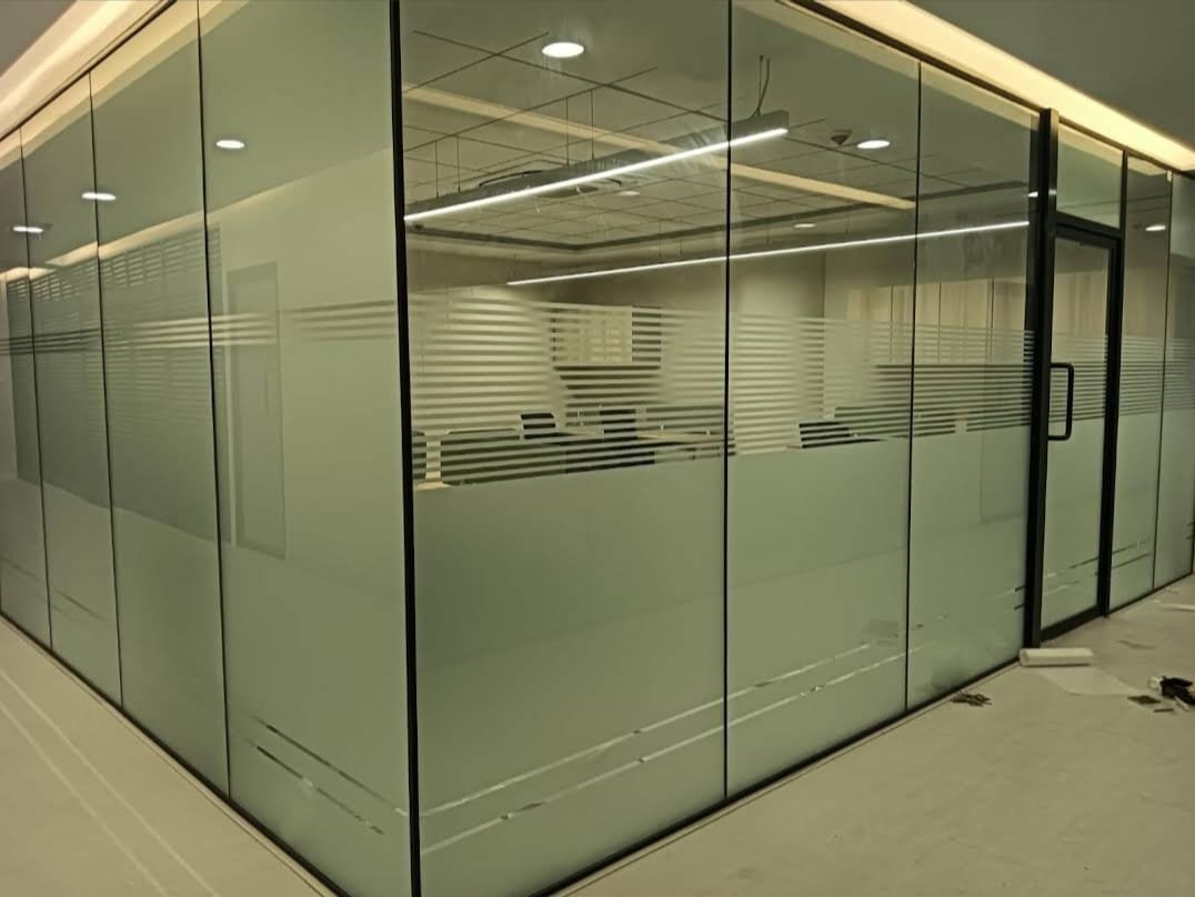 Office glass room with frosted stripe privacy film