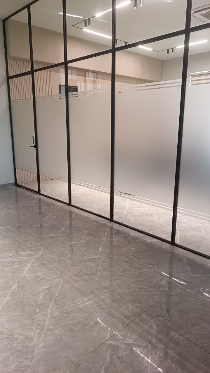 Premium black frame glass partition with frosted band
