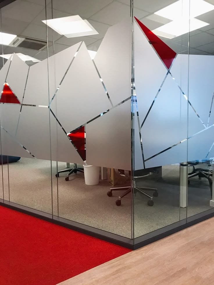 White and red geometric frosted office glass design